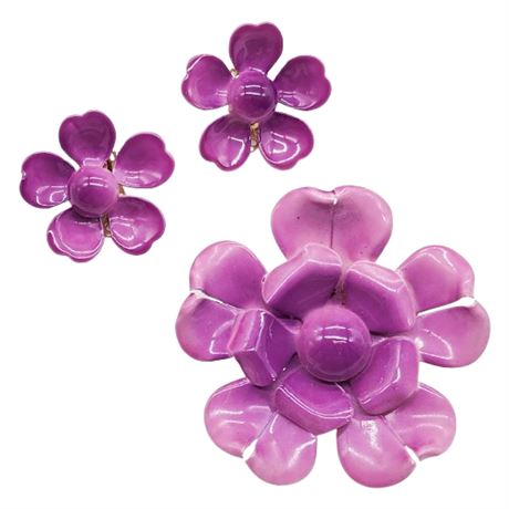 Vintage Purple Enamel Flower Power Brooch & Clip Earrings Set