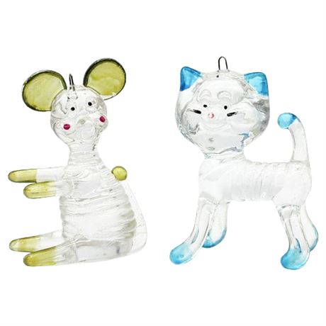 Vintage Clear Lucite Plastic Cat & Mouse Ornaments