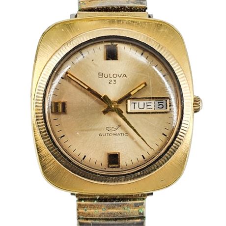 Vintage Bulova 23 N2 Gold Plated Bezel Wristwatch w/ Day/Date