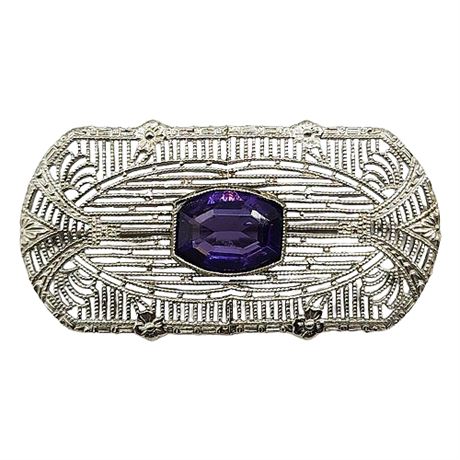 Antique Art Deco 10K White Gold & Purple Paste Filigree Brooch