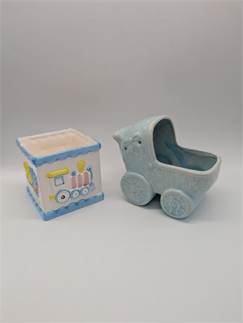 Vtg. Pair Baby Nursery Planters Stroller Baby Carriage + Block w/Lamb, Train