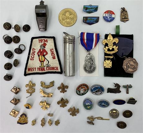 51 pc Vintage Boy Scout Medals, Match Safe, Button Lot