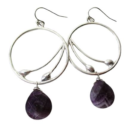 Chevron Amethyst Faceted Drops ~ Silver Tone Metal Earrings