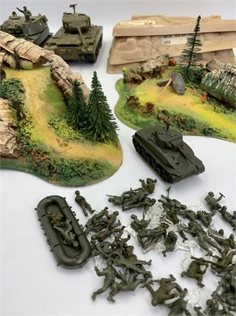 Lot of Vintage Military War Toy Model Tanks, Soldiers and Mountain Terrain