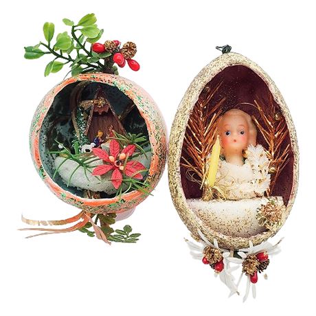 Vintage Handmade Ceramic Diorama Christmas Ornaments