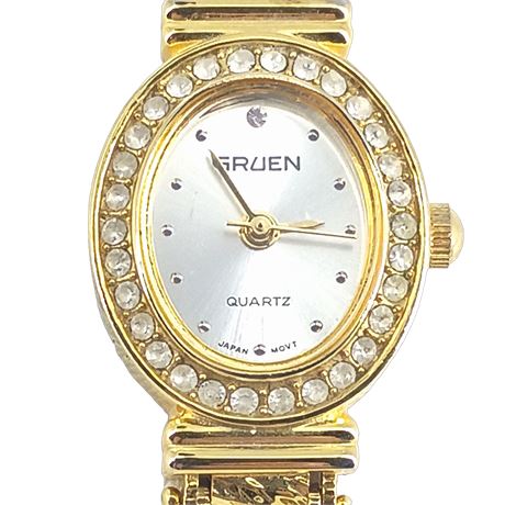 Gruen Ladies Quartz Watch Gold Tone Rhinestone Bezel Bracelet Japan Movement