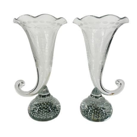 Pair of Pairpoint Etched Cornucopia Vases