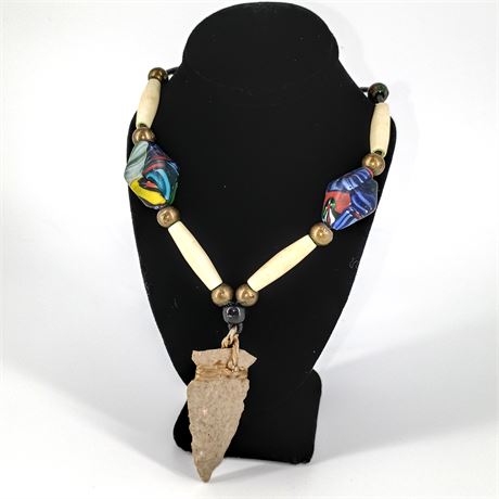 Handcrafted Necklace with Multicolor Artisan Beads & Stone Arrowhead