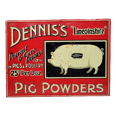 Vintage Dennis's Pig Powders Tin Sign by Desperate Sign Co Wadsworth, O.