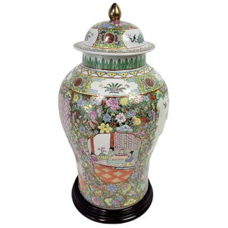 Hand Painted Chinese Porcelain Ginger Jar & Lid
