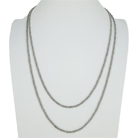 Long Silver-Tone Woven Wheat Chain Necklace, Double Drop Chain