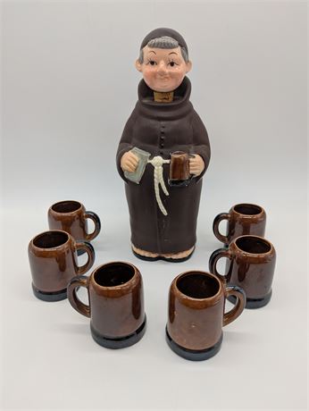 Vintage Friar Monk Hand Painted Decanter w/ Stopper Nikoniko + 6 Cups Japan