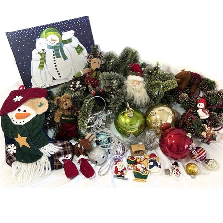Vintage Christmas Lot Ornaments, Pine Bough Garland, Stocking, Mercury Ornaments