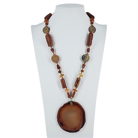 Large Artisan Made Agate Slice & Natural Bead Necklace