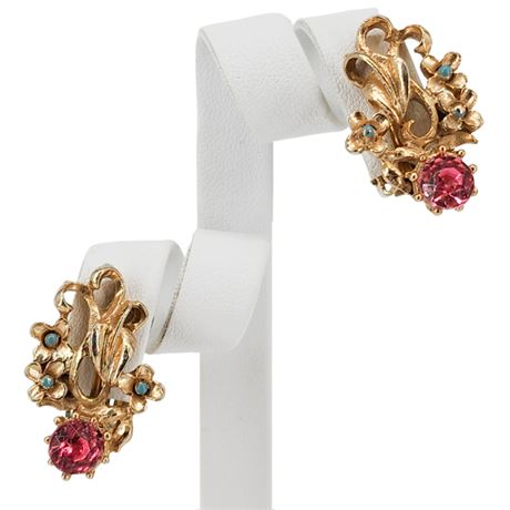 Vintage Pink Rhinestone Floral Motif Clip Earrings