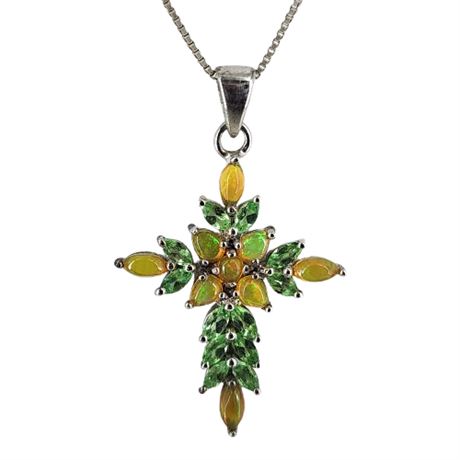 Signed Sterling Silver Peridot & Opal Cross Pendant Necklace