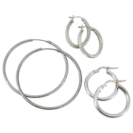 Three Pairs Sterling Silver Hollow Hoop Earrings