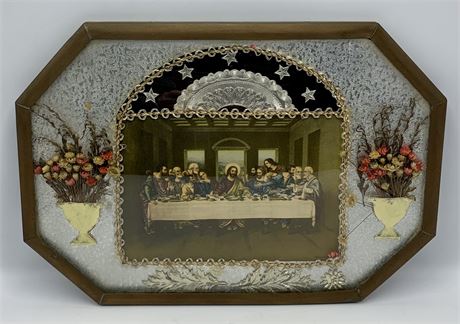 Old Convex Glass Catholic Last Supper Shadowbox Framed Art