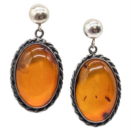 Large Vintage Sterling Silver Baltic Amber Post Back Earrings