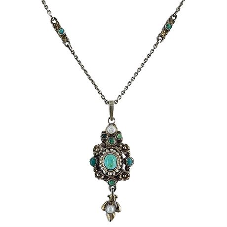 Antique Austro-Hungarian 800 Silver Turquoise & Seed Pearl Pendant Necklace