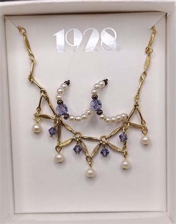 NIB 1928 gold tone faux Pearl purple rhinestone necklace earrings set