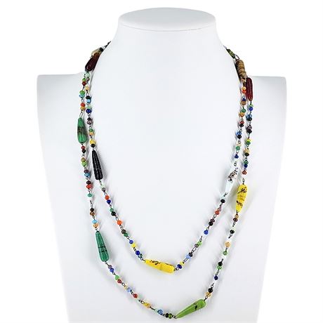 Vintage Czech Harlequin Multicolored Torpedo Glass Necklace