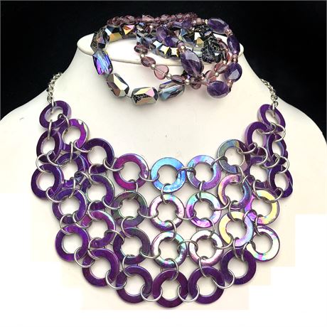 Purple Disc Bib Necklace & Amethyst Stone & Glass Stretch Bracelets