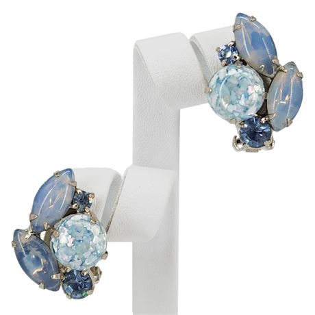 Vintage Prong Set Rhinestones & Glitter Lucite Clip Earrings