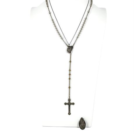 Silver Mary Pendants, Lot of 2, With Silver-Tone Rosary Necklace