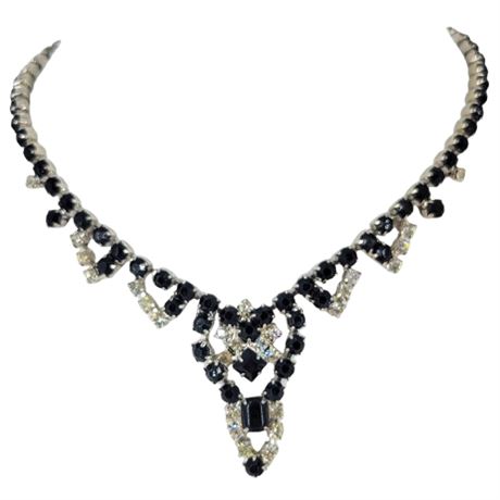 Vintage Prong Set Black and Silver Rhinestone Cocktail Necklace