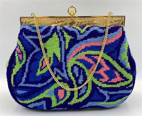Mid Century Vibrant Pop Art Wool Needlepoint Tapestry Evening Bag