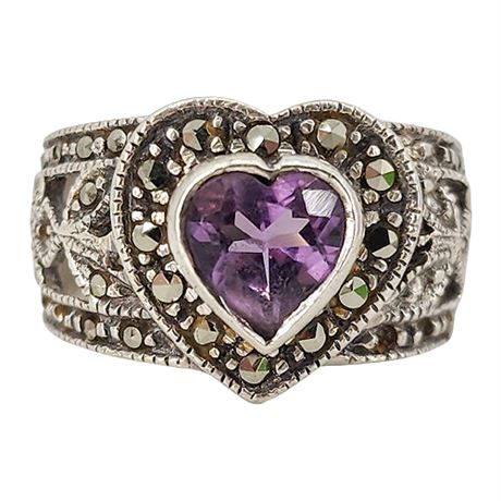 Vtg CHAPAL-ZENRAY Sterling Silver Amethyst & Marcasite Heart Ring, Sz 7, Flawed