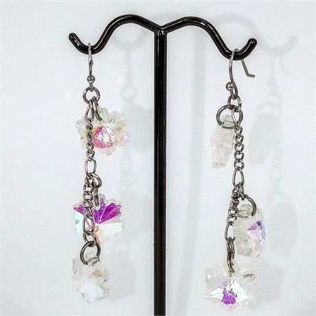 Iridescent Crystal Snowflake Cluster Dangle Earrings – Silver-Tone Chain Drops