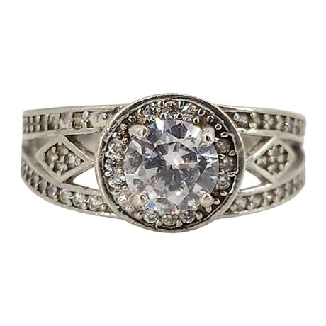 Vtg Sterling Silver CZ Halo Ring, Sz 7, Flawed