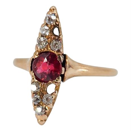 Vtg 14K Gold Garnet & Diamond Ring, Sz 5.25, Flawed