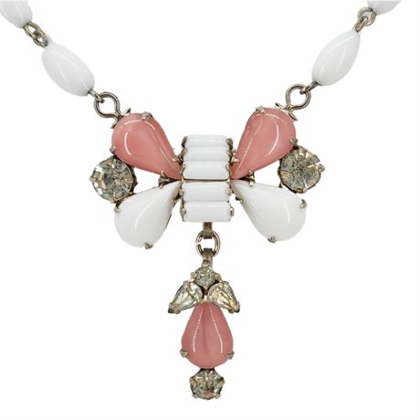 Vtg Prong Set Milk Glass, Rhinestone, & Pink Moonglow Necklace