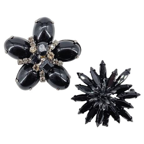 Two Vintage Prong Set Black Rhinestone Flower Brooches