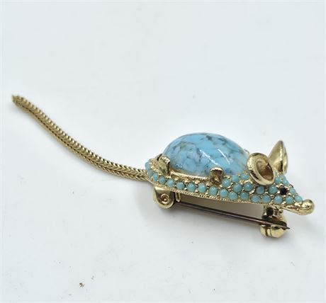 Vintage turquoise Signed mouse brooch