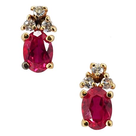Vintage Gold Tone Lab Created Ruby & CZ Stud Earrings