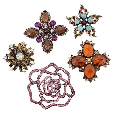 Five Vintage Rhinestone Brooches