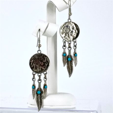 Southwest-Style Replica Coin & Feather Dangle Earrings