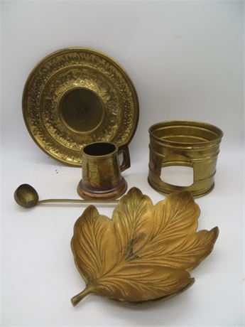 Brass Plate, Heavy Leaf Dish, Spoon & Cup