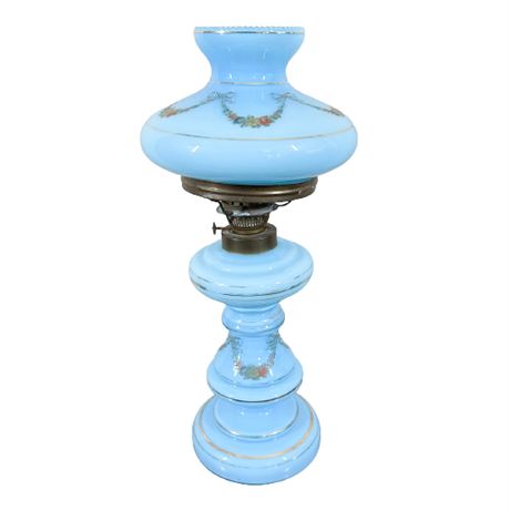 Antique Blue Opaline Glass Oil Lamp