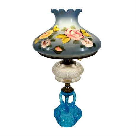 Antique Electrified Oil Lamp w Hand Painted Shade