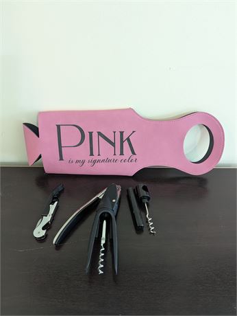 Pink Wine Bottle Carrier + 3 Wine Bottle Openers