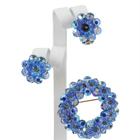 Vintage Blue Aurora Borealis Margarita Crystal Beaded Brooch & Earrings