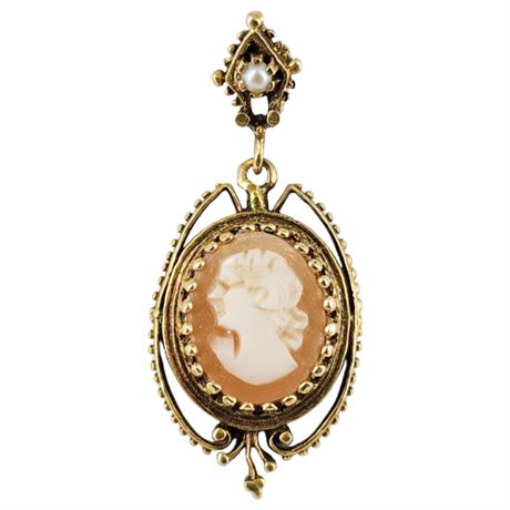 Vintage 14K Gold Carved Shell Cameo Pendant w/ Genuine Pearl