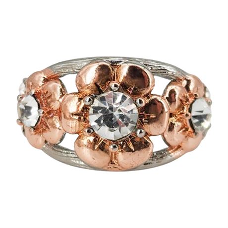 Modern Two-Tone Rhinestone Flower Ring, Sz 6
