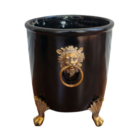 Vintage Black Ceramic Planter w/ Brass Feet & Lion Handles