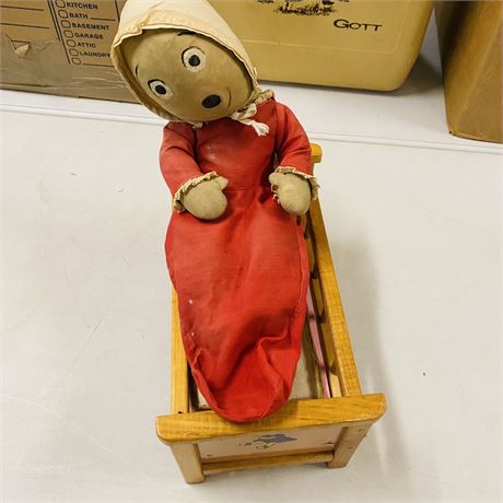 Old Doll in Vntg Wood Crib